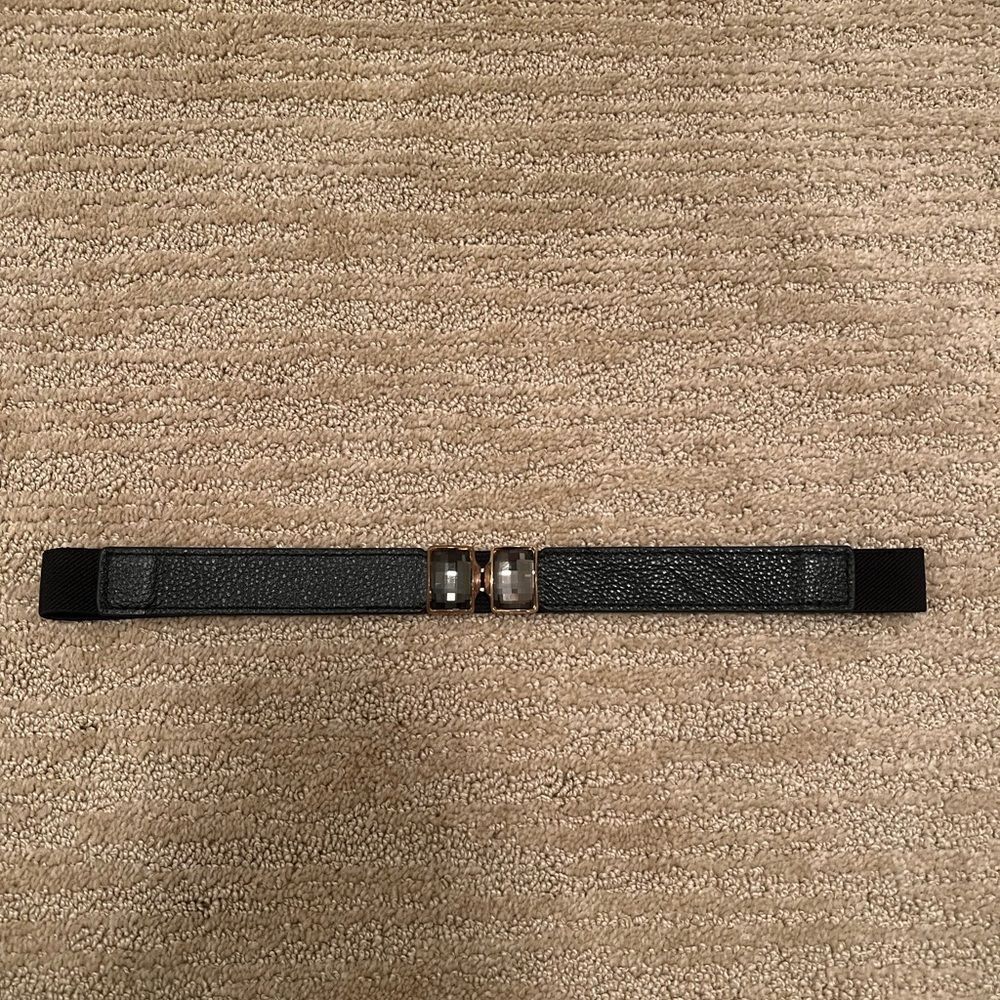 Elise M. Elastic Black Leather Belt With Black Gem